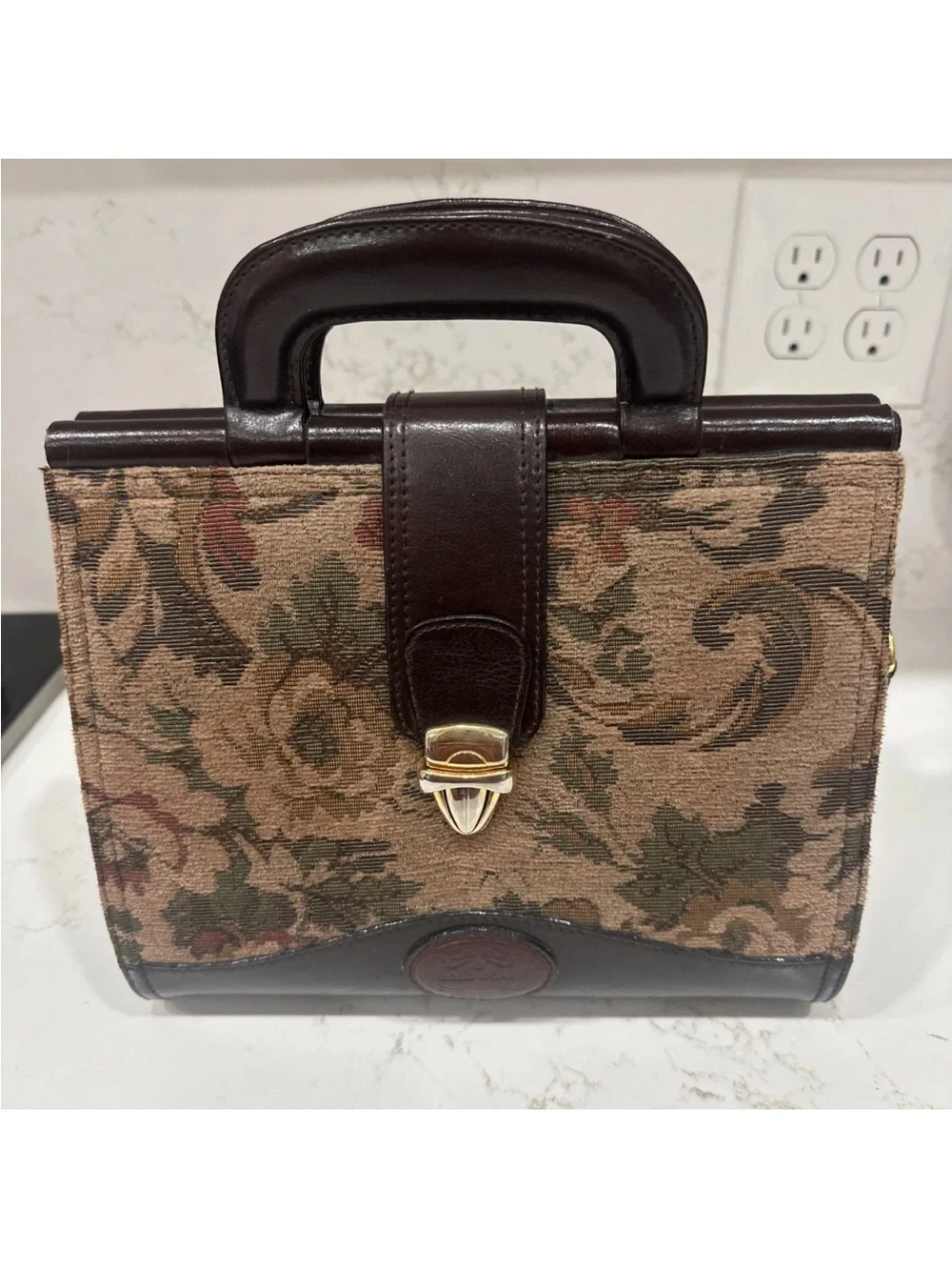 Vintage Gold Coast Tapestry Carpet Bag Hard Purse Floral Leather Trim No Strap